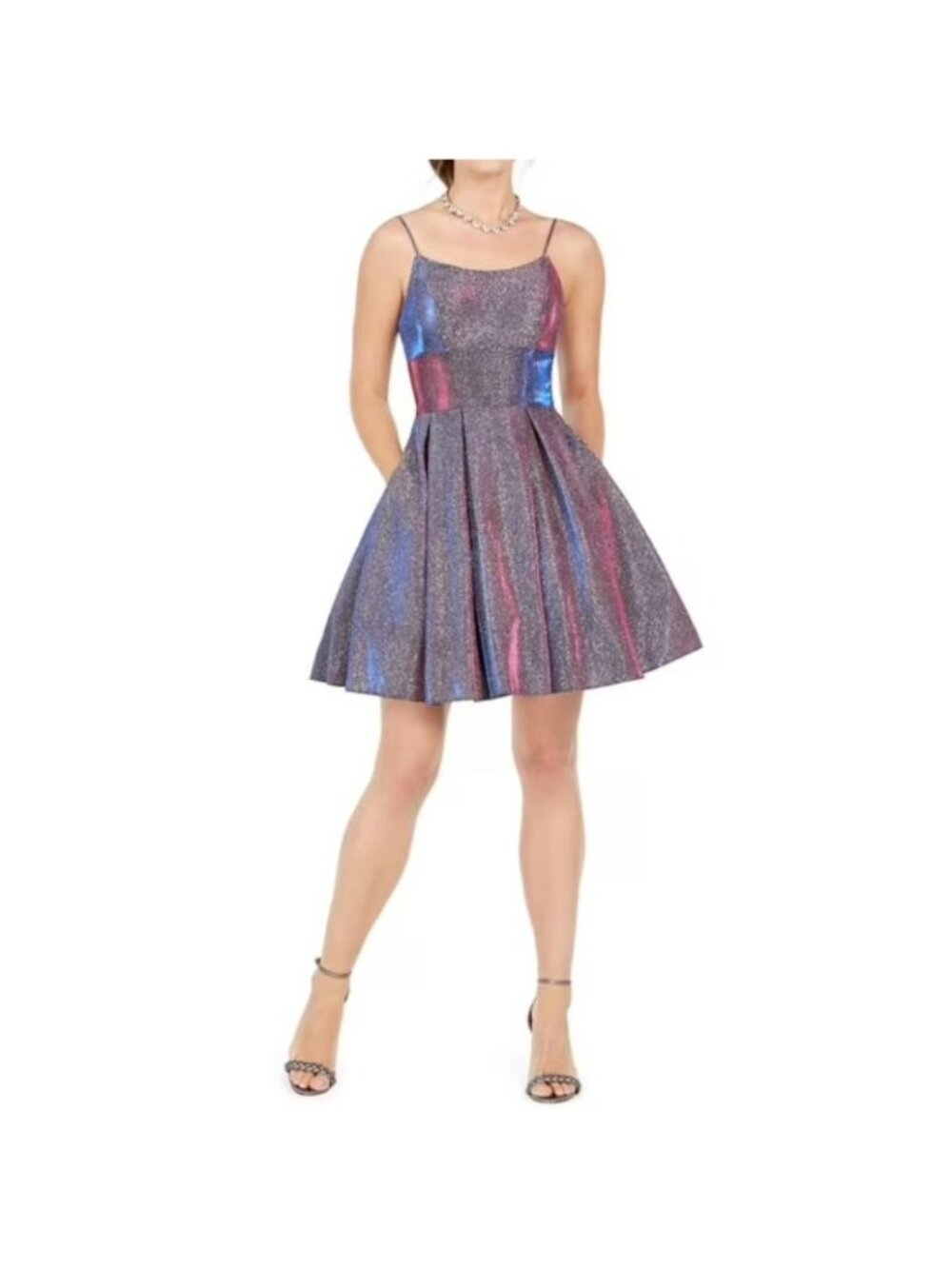 NWT Betsy & Adam Womens Silver Pink Blue Metallic Mini Fit & Flare Dress Size 4